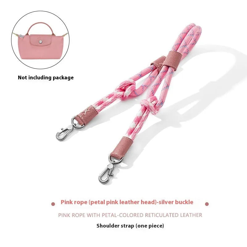 Braided rope and leather shoulder strap with a metal buckle in gold or silver finish