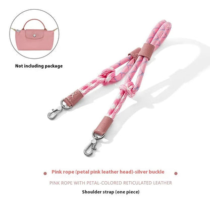 Braided rope and leather shoulder strap with a metal buckle in gold or silver finish
