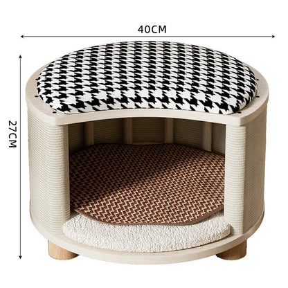 Solid wood cat nest with reversible summer mat and plush cushion, available in grey, white, plaid, and warm orange