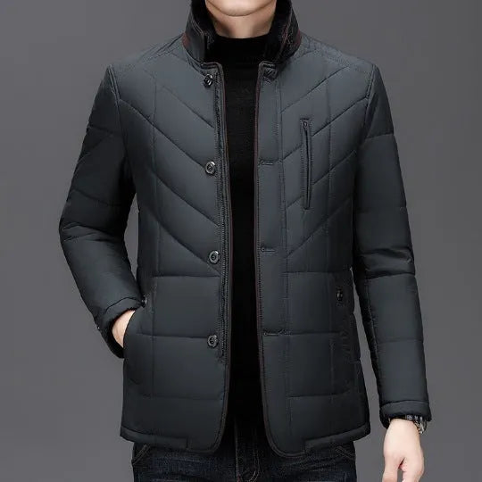 Men's winter short coat cold-proof padded coat in dark blue, wine red, or dark green, featuring a polyester shell, cotton filling, and side seam pockets, available in six sizes from 170/M to 195/4XL.