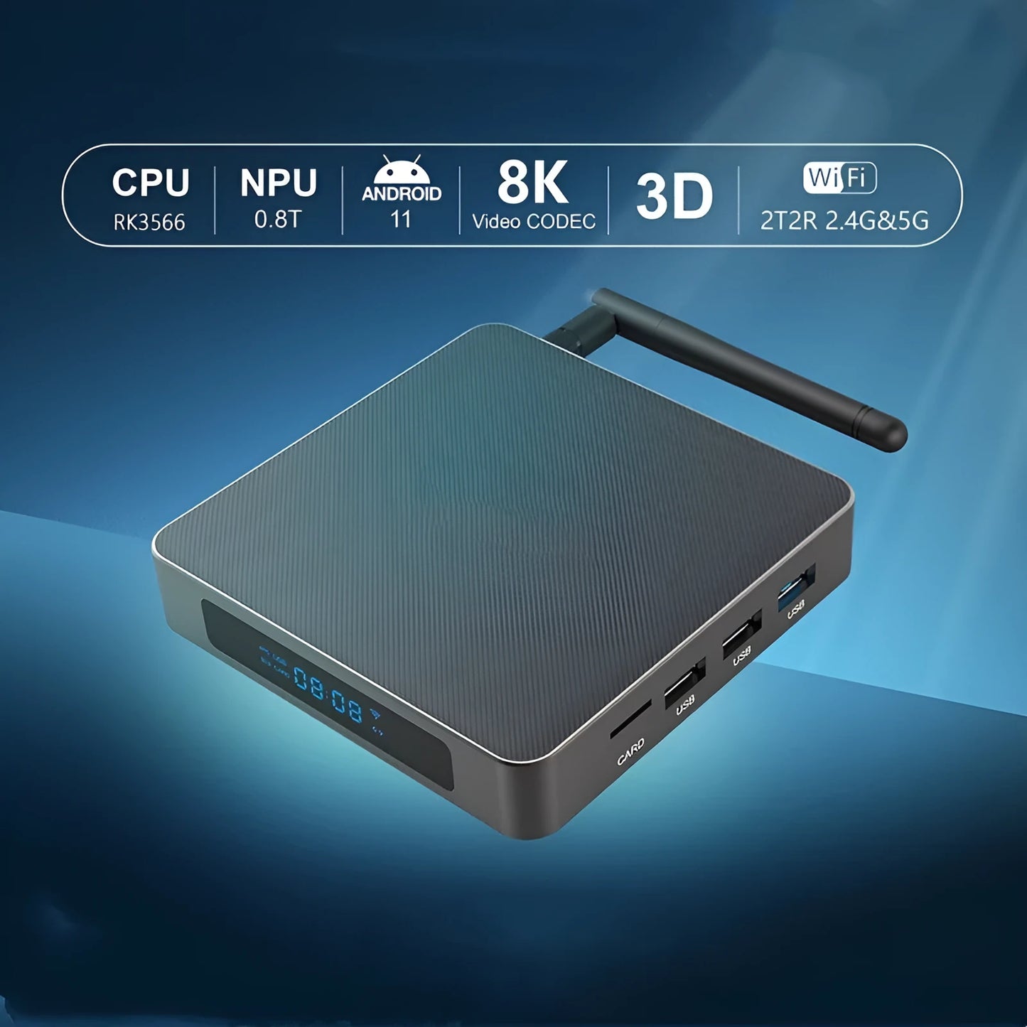 Android TV set-top box with remote control, supporting 8K resolution and Bluetooth.