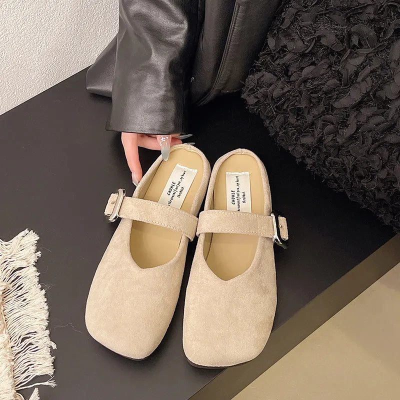 Women's closed toe flat slippers in apricot colour with square toe shape and rubber sole