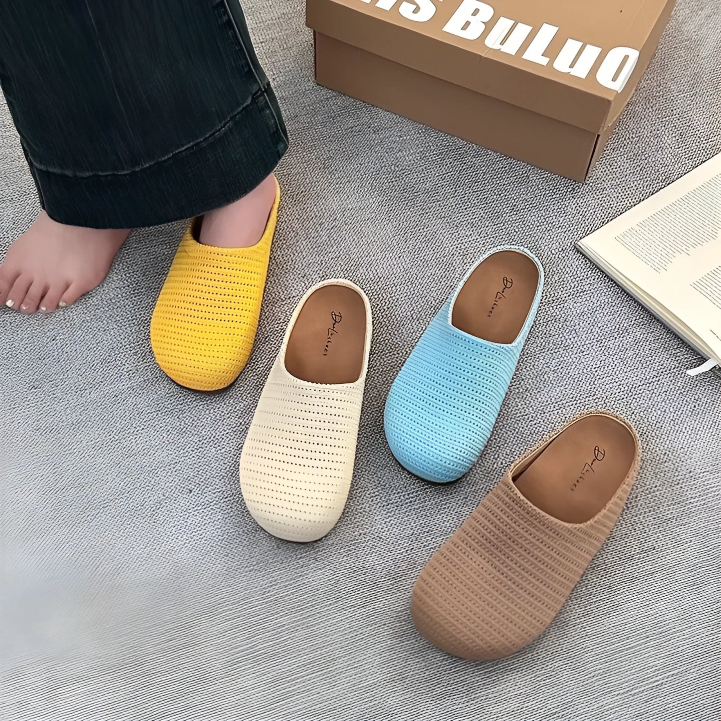 Baotou Boken women's cloth upper slippers with rubber sole in beige, shown in a leisure setting.