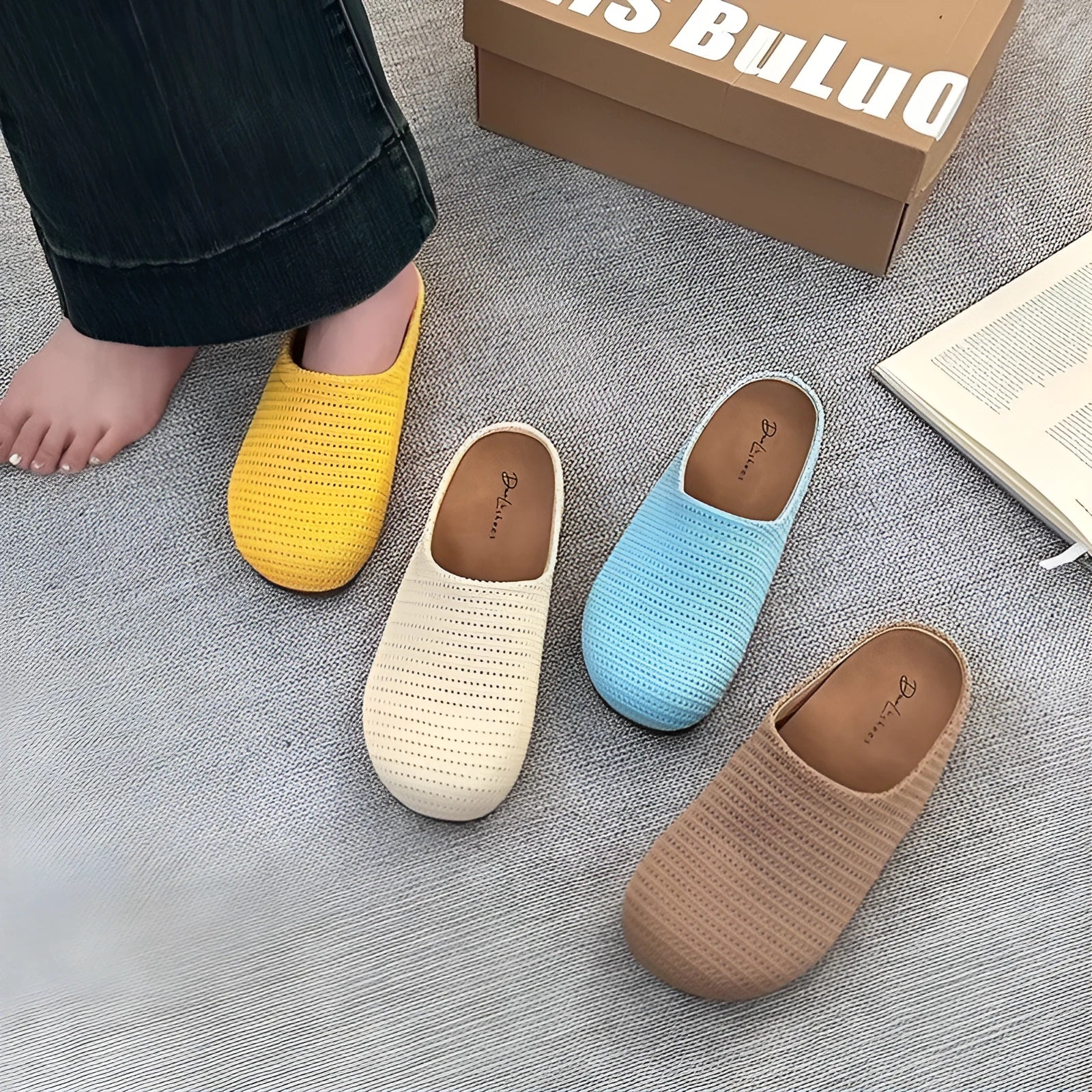 Baotou Boken women's cloth upper slippers with rubber sole in beige, shown in a leisure setting.