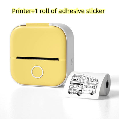 Compact Bluetooth-enabled thermal label printer in white, pink, and green colors with various label options