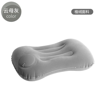 Inflatable travel pillow in grey navy blue pink or peacock green with flocking surface