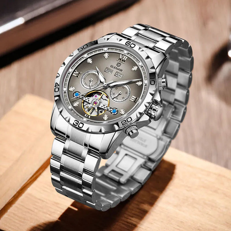 Men's automatic mechanical watch with stainless steel strap and mineral glass, showing silver case with blue surface option