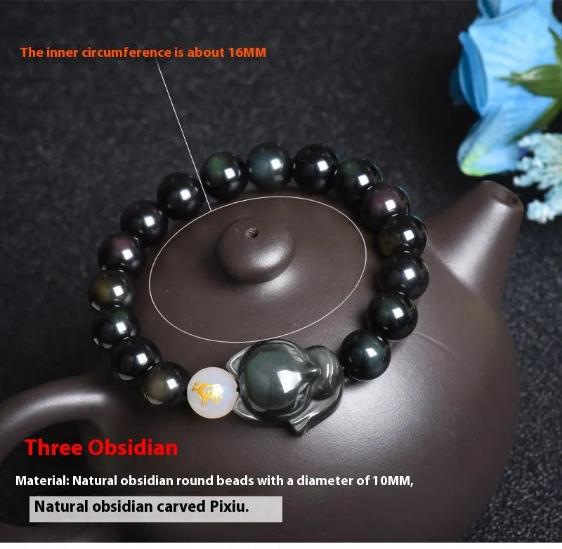 Natural obsidian stone bracelet with 10mm beads in gold, silver or black zodiac guardian styles