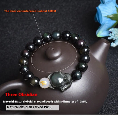 Natural obsidian stone bracelet with 10mm beads in gold, silver or black zodiac guardian styles