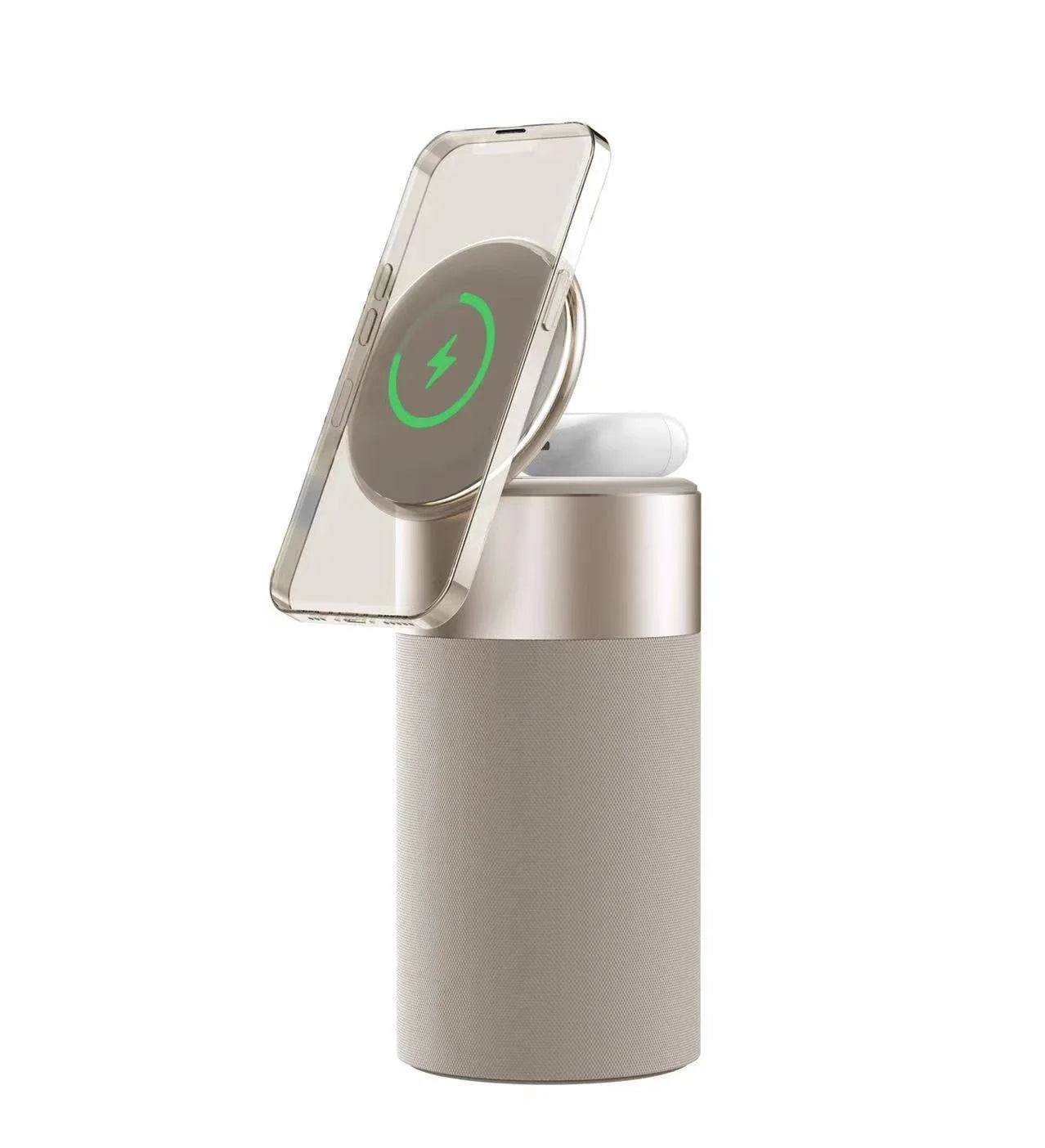 A 3-in-1 device that wirelessly charges iPhones and AirPods, plays Bluetooth audio, and has a touch-sensitive lamp