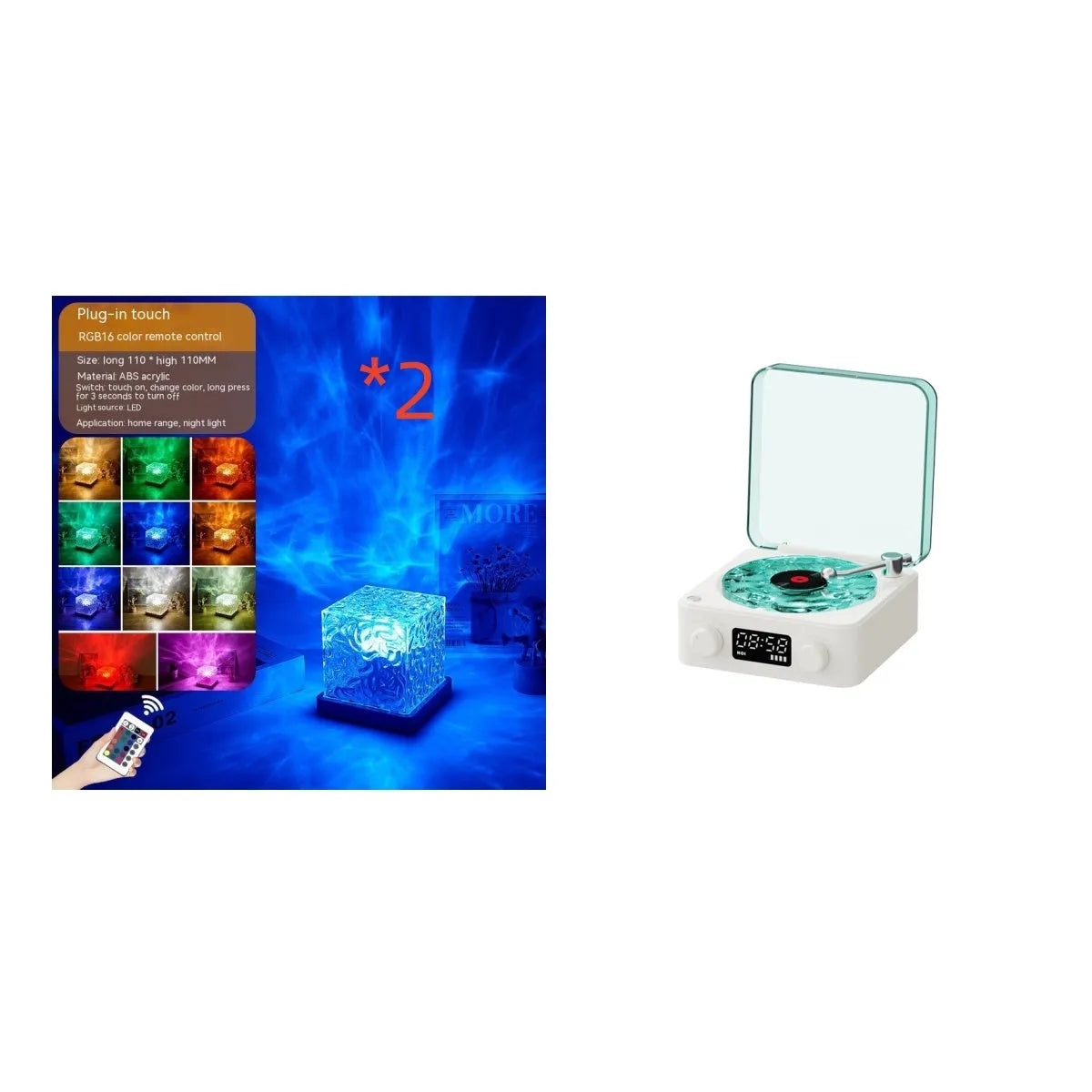 Retro-style turntable Bluetooth speaker with glowing RGB light projection on a wooden surface.