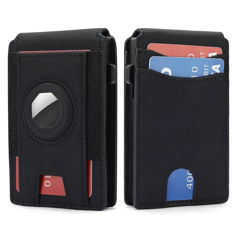 Slim men's synthetic leather card holder wallet shown in black, dark brown, and light brown.