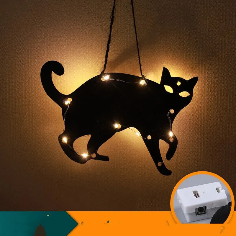 Halloween LED decorative lights with luminescent spider design showing eight colour options including bat, castle, black cat, pumpkin, wizard, ghost, spider, and spider web