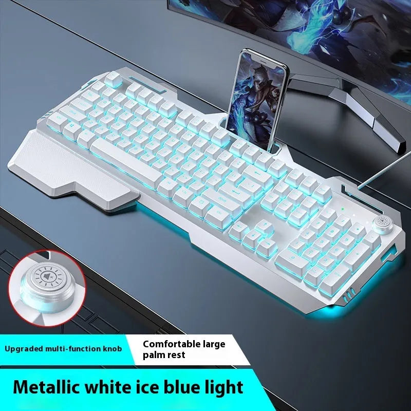 Aluminium alloy mechanical gaming keyboard with rainbow lighting, shown with a macro mouse and gaming headset.