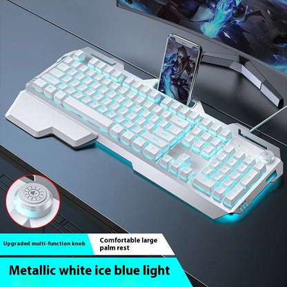 Aluminium alloy mechanical gaming keyboard with rainbow lighting, shown with a macro mouse and gaming headset.