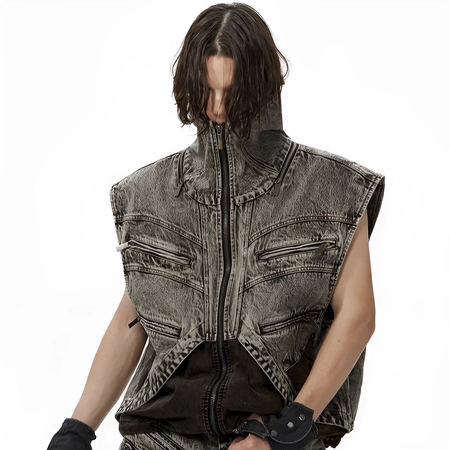 Men's sleeveless denim vest with front zipper closure in cotton fabric