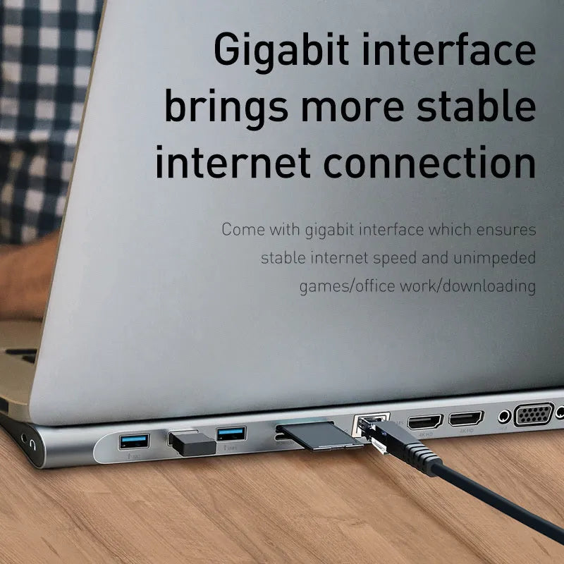 Aluminium laptop cooling docking station with ten ports including HDMI VGA and Gigabit network