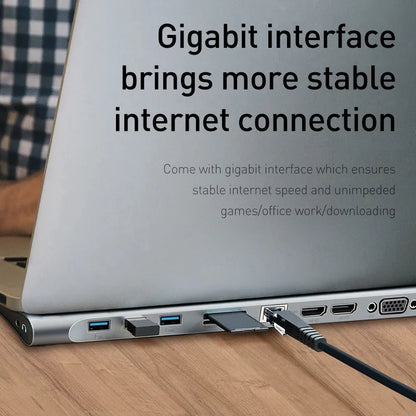 Aluminium laptop cooling docking station with ten ports including HDMI VGA and Gigabit network