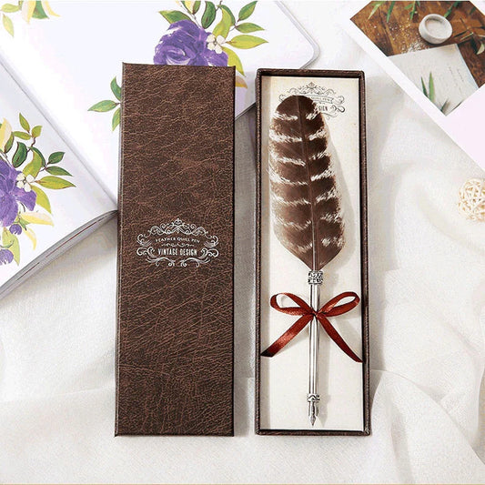Elegant retro feather pen in a luxury gift box, featuring a sleek stainless steel casing and a stunning array of authentic feather designs.