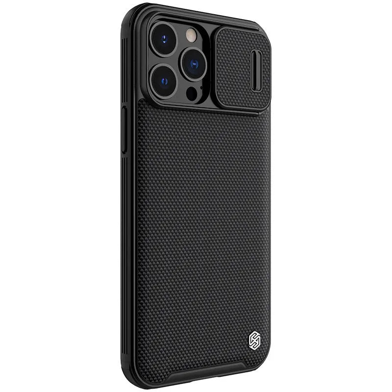 Black textured sliding protective phone case for iPhone 13 Pro Max on a table.