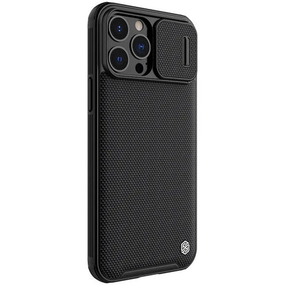 Black textured sliding protective phone case for iPhone 13 Pro Max on a table.