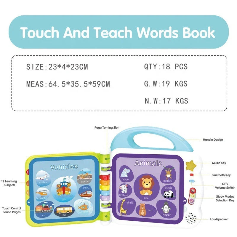 Educational English Kids Intelligent Book Learning Machine with Bluetooth in pink, red, and green