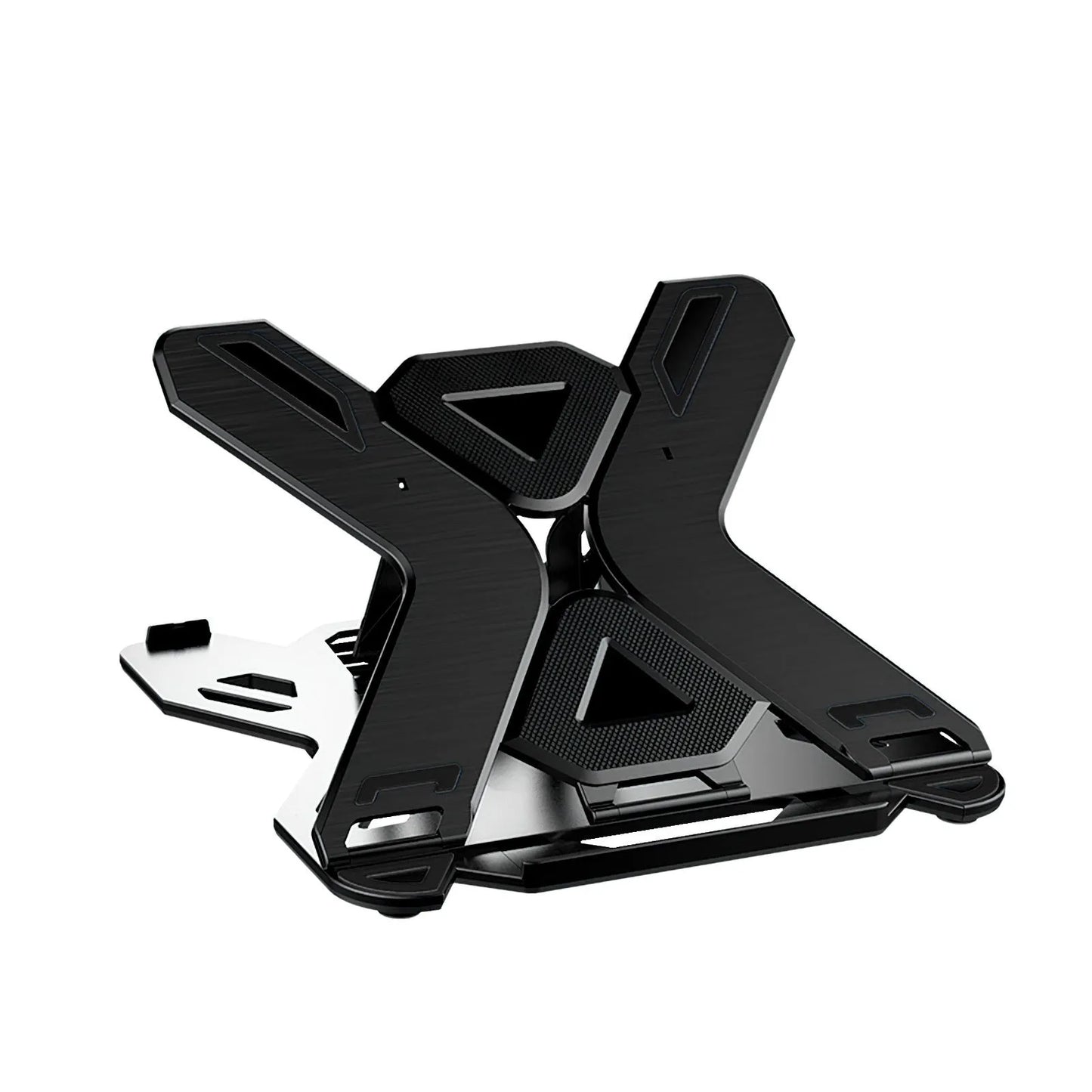 Black and white ABS plastic laptop bracket stand on a desk, showing its 300mm width and low 22mm profile.