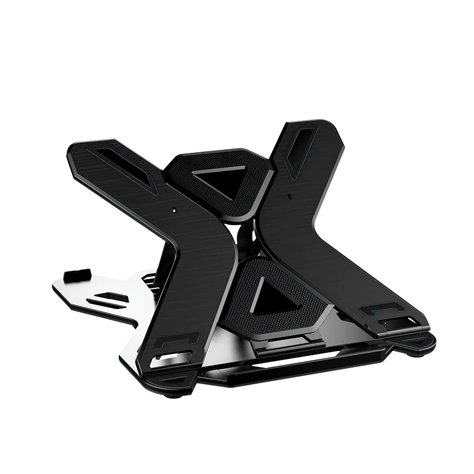 Black and white ABS plastic laptop bracket stand on a desk, showing its 300mm width and low 22mm profile.