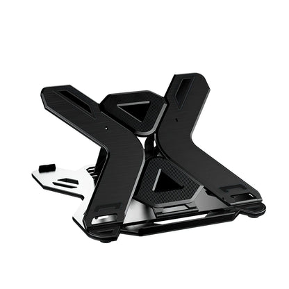 Black and white ABS plastic laptop bracket stand on a desk, showing its 300mm width and low 22mm profile.