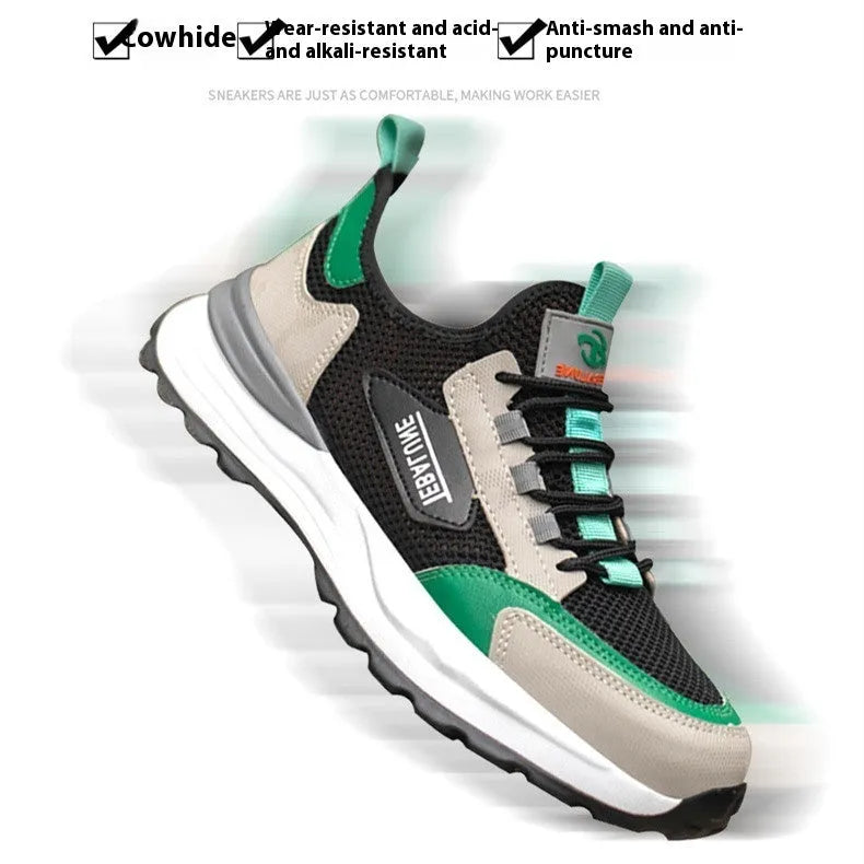 Black green mesh safety shoe with plastic steel toe cap, low-top design, and TPU sole