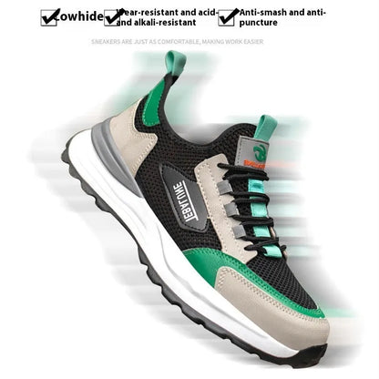 Black green mesh safety shoe with plastic steel toe cap, low-top design, and TPU sole