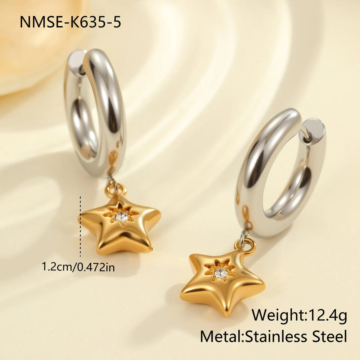 Stainless steel Christmas tree earrings with 18K electroplated finish and heart-shaped star ornament designs