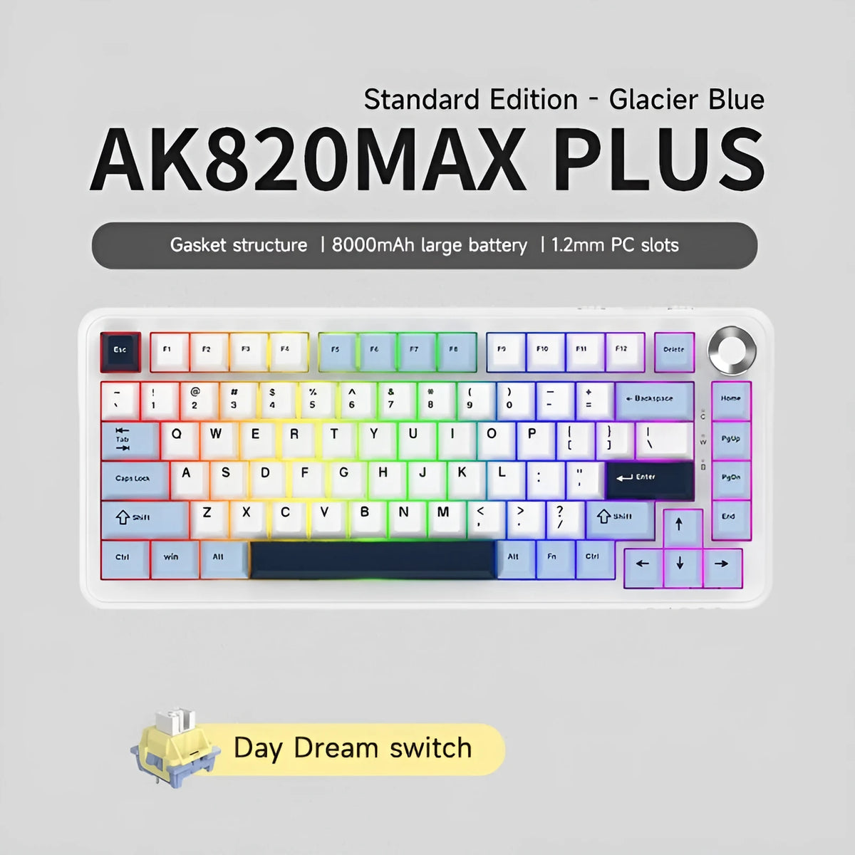 Three-mode mechanical keyboard with wireless hot-plug in black, grey and yellow colours