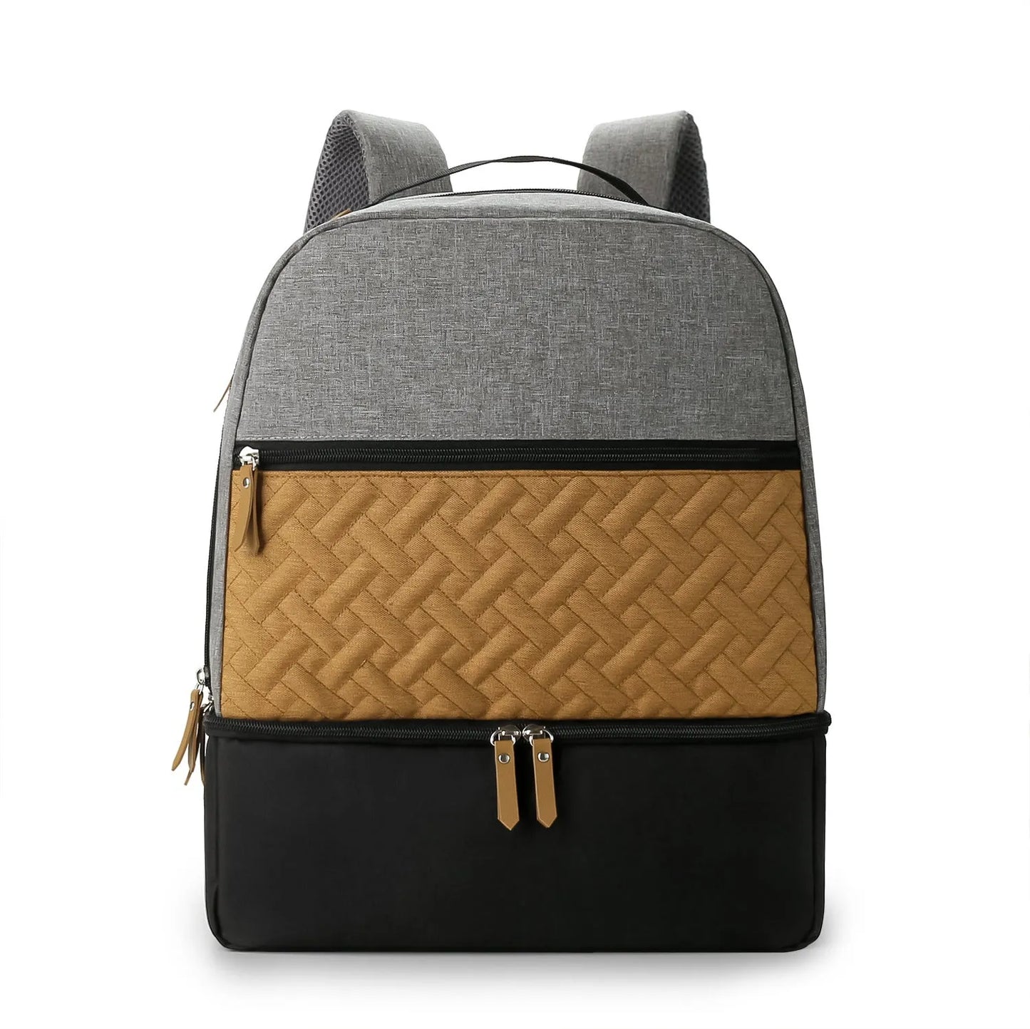 Grey insulated mother and child travel backpack with curved shoulder straps shown from the side
