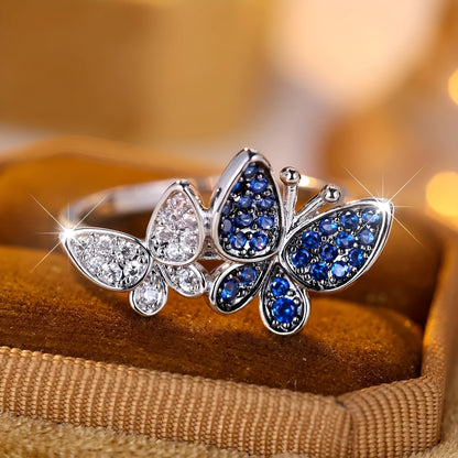 Blue and white butterfly women's ring in electroplated copper available sizes 6-10