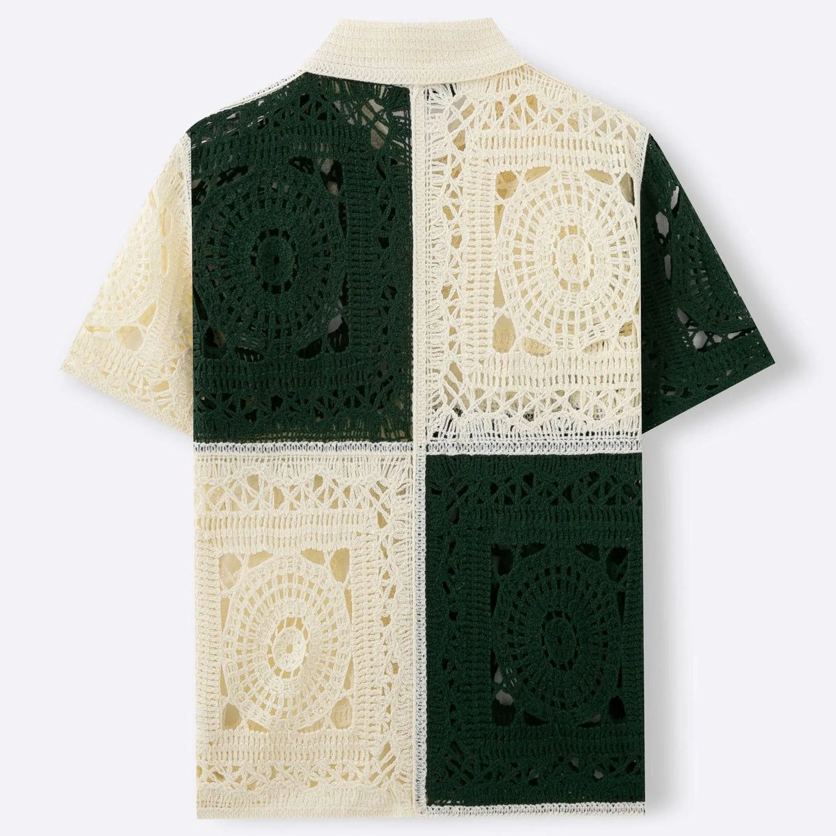 Beige men's knit shirt with colourblock pattern and flocking detail on short sleeves