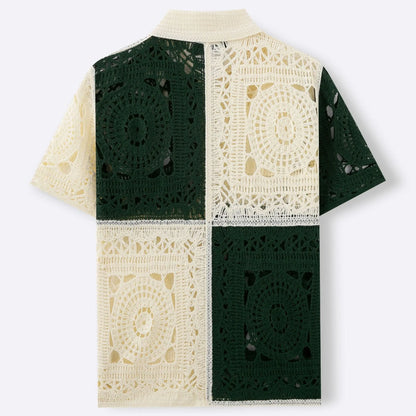Beige men's knit shirt with colourblock pattern and flocking detail on short sleeves