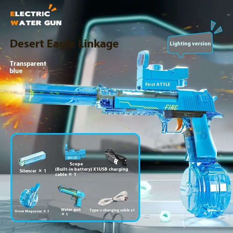 Automatic electric water gun toy with Desert Eagle linkage design, ammunition drum, silencer, and telescopic sight, 41.1cm long