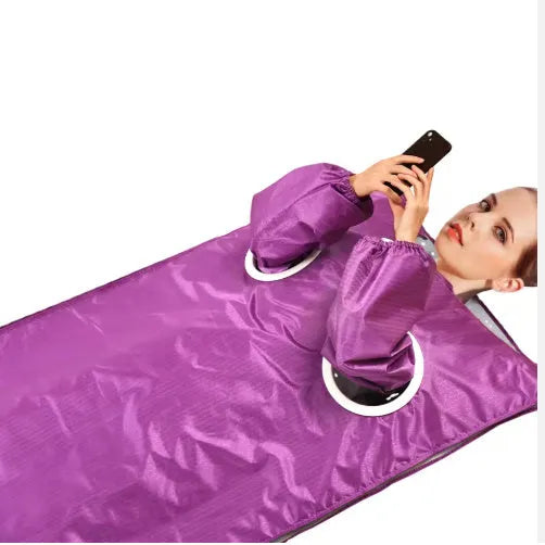 650W electric sauna blanket in grey, pink, or purple, with remote control, sleeves, and power cord.