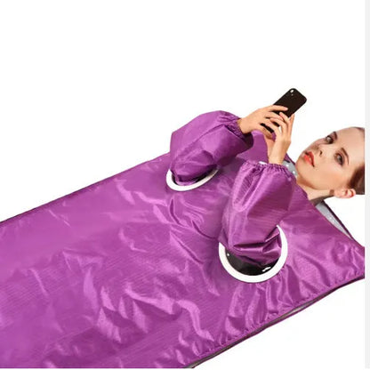 650W electric sauna blanket in grey, pink, or purple, with remote control, sleeves, and power cord.