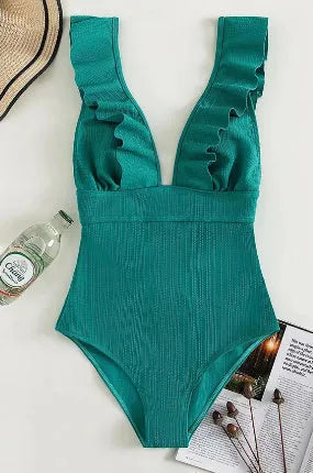 Women's black one-piece swimsuit with ruffled shoulder straps and lace back detail.