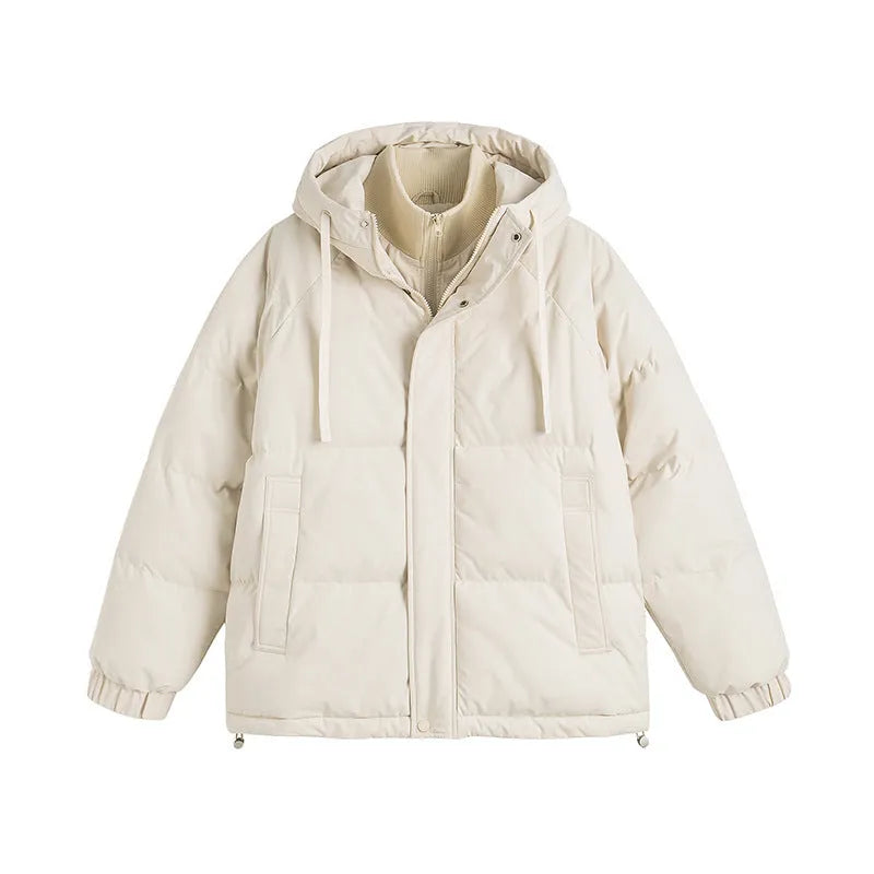 Loose winter cotton-padded coat in mustard yellow with side pockets and cardigan style