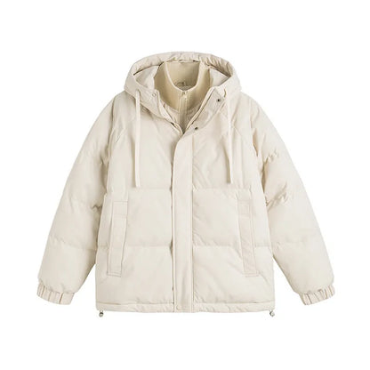 Loose winter cotton-padded coat in mustard yellow with side pockets and cardigan style