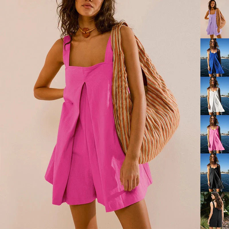 Stylish sleeveless jumpsuit with square collar in various colors and sizes