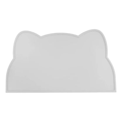 Solid-colour silicone pet feeding mat with cat head design measuring 44 by 24 centimetres
