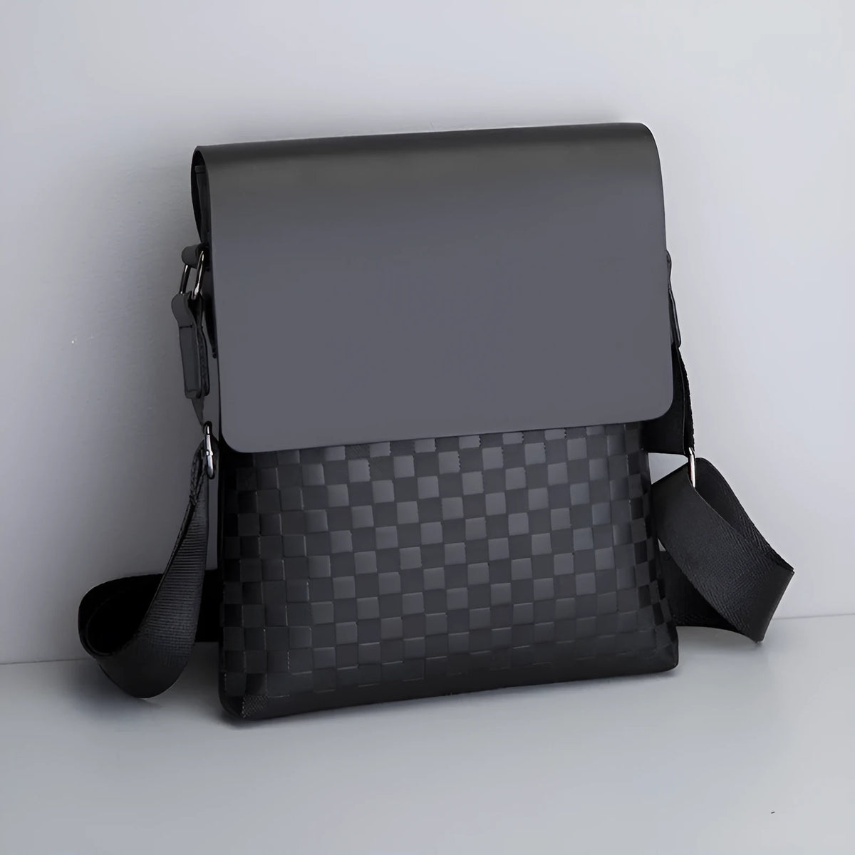 Men's PU leather crossbody messenger bag, plaid pattern, black or dark brown, 20cm x 24cm x 6cm