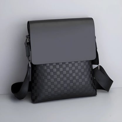 Men's PU leather crossbody messenger bag, plaid pattern, black or dark brown, 20cm x 24cm x 6cm