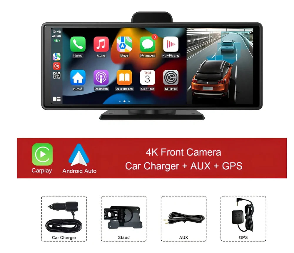 10.26 inch wireless CarPlay car recorder with 140° wide-angle lens on vehicle dashboard
