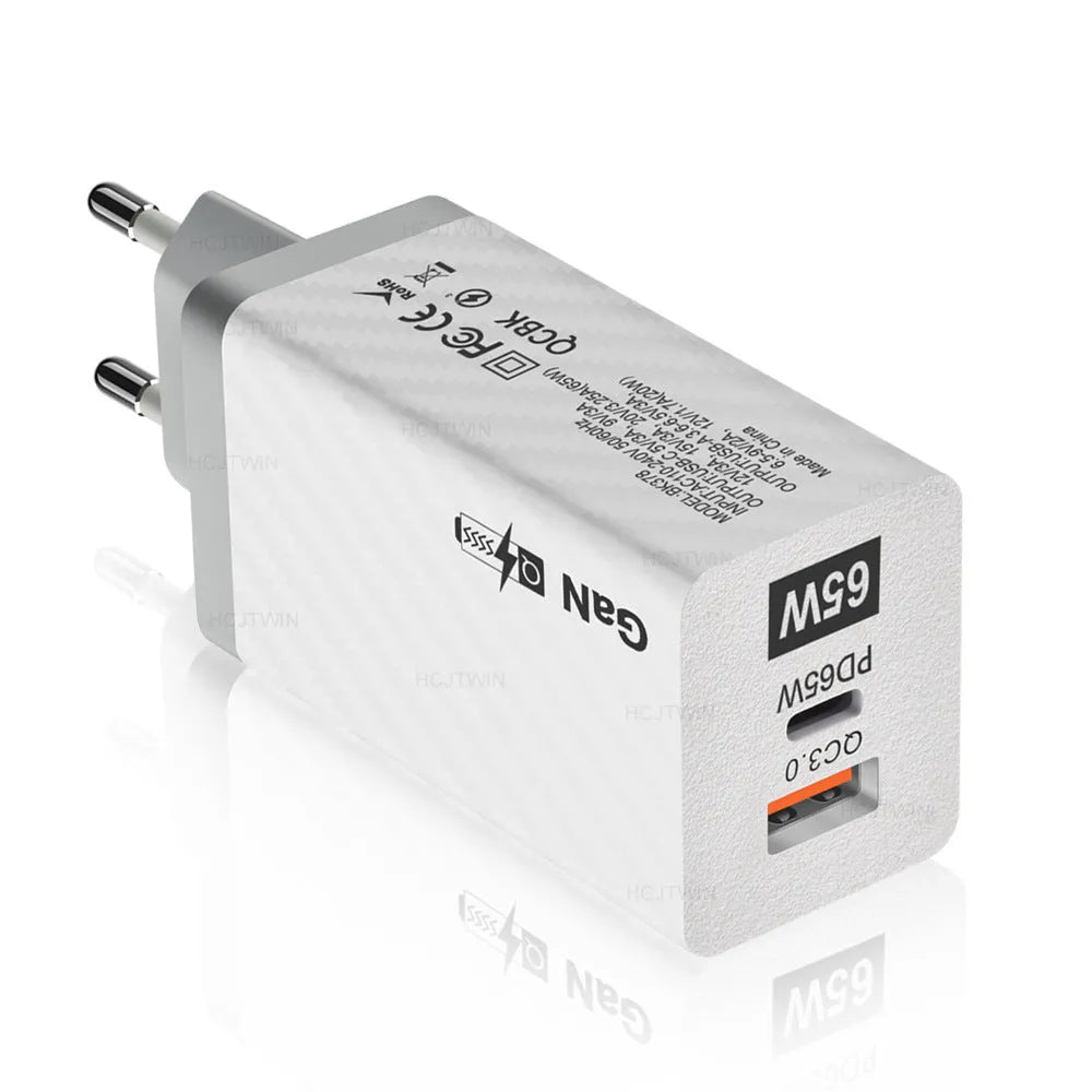 Compact white 65W Gallium Nitride USB-PD laptop charger with plug