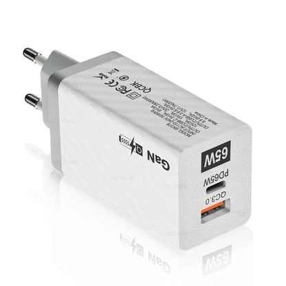 Compact white 65W Gallium Nitride USB-PD laptop charger with plug